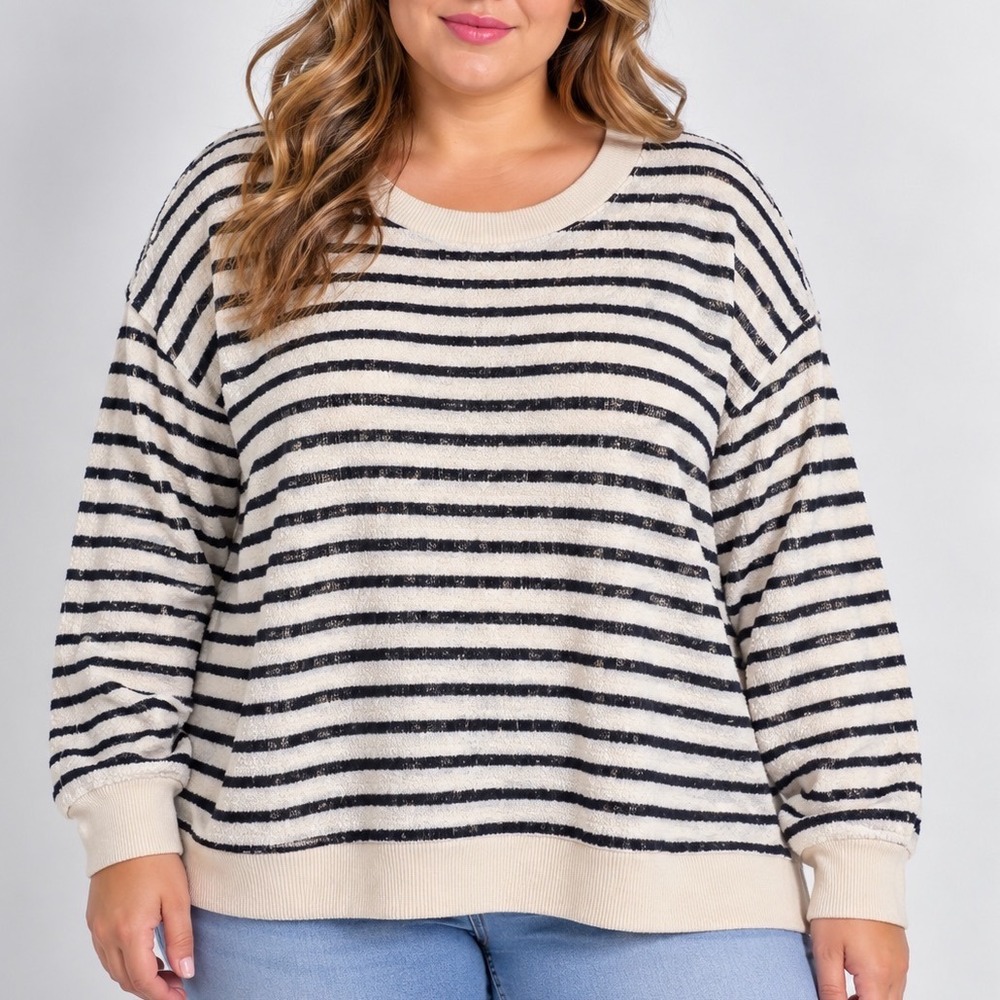 Striped Textured Sweatshirt Large Navy Cream Oversized Coastal Pullover Crewneck